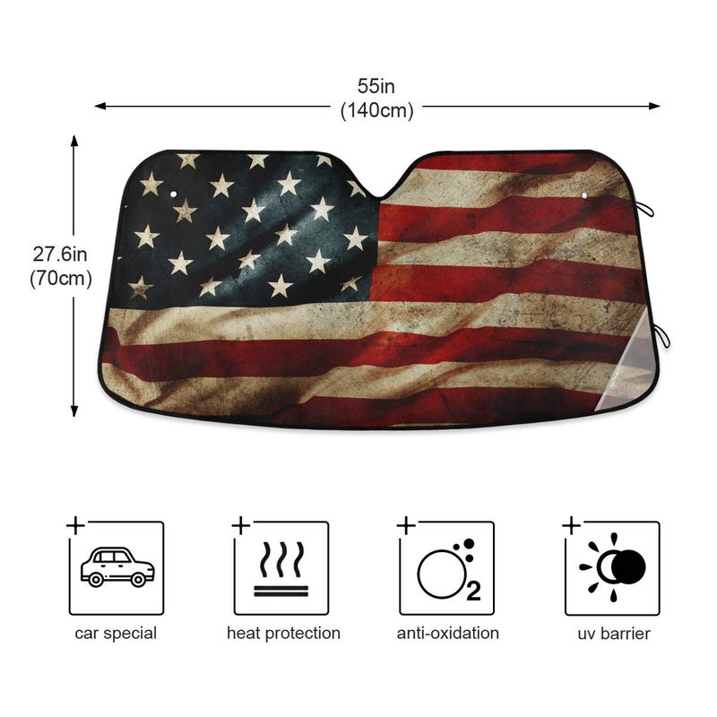 senya Grunge American Flag Car Windshield Sunshade Foldable Reflective Sun Shade Blocks UV Rays - Image 4